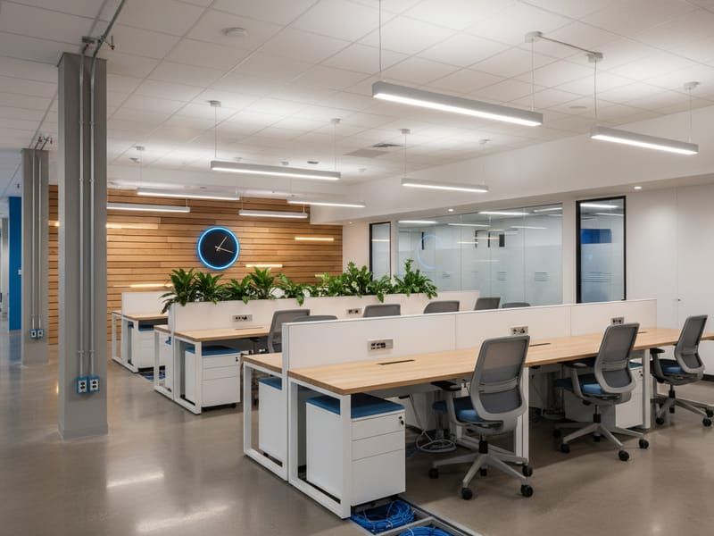 Complete office electrical buildout showing modern lighting and power distribution
