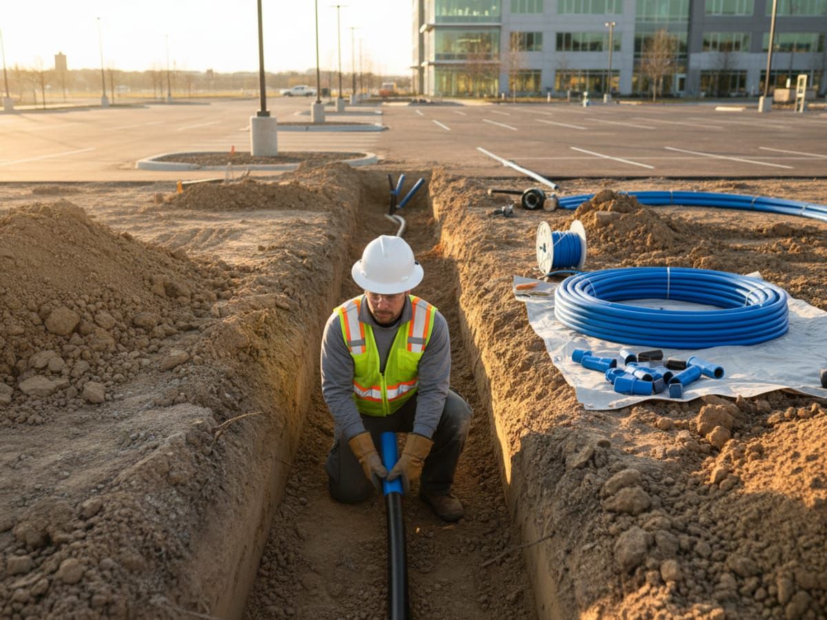 Underground electrical conduit and wiring installation for commercial parking lot